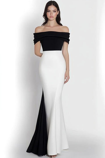 Black and White Satin Off the Shoulder Mermaid Long Formal Dress